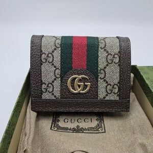 Gucci Brown GG Monogram Wallet with Red and Green Accent